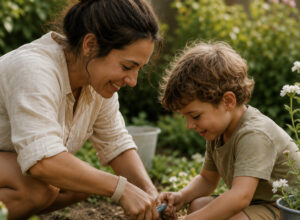 A woman and a young child planting together in a garden
