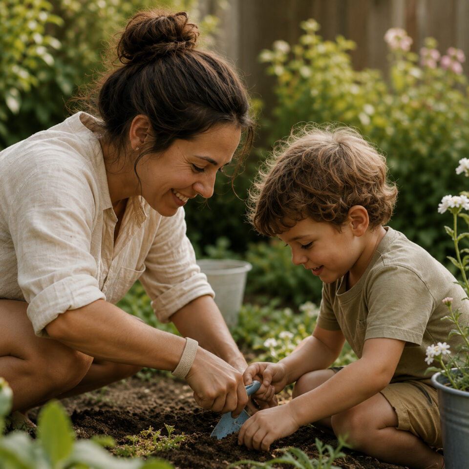 A woman and a young child planting together in a garden